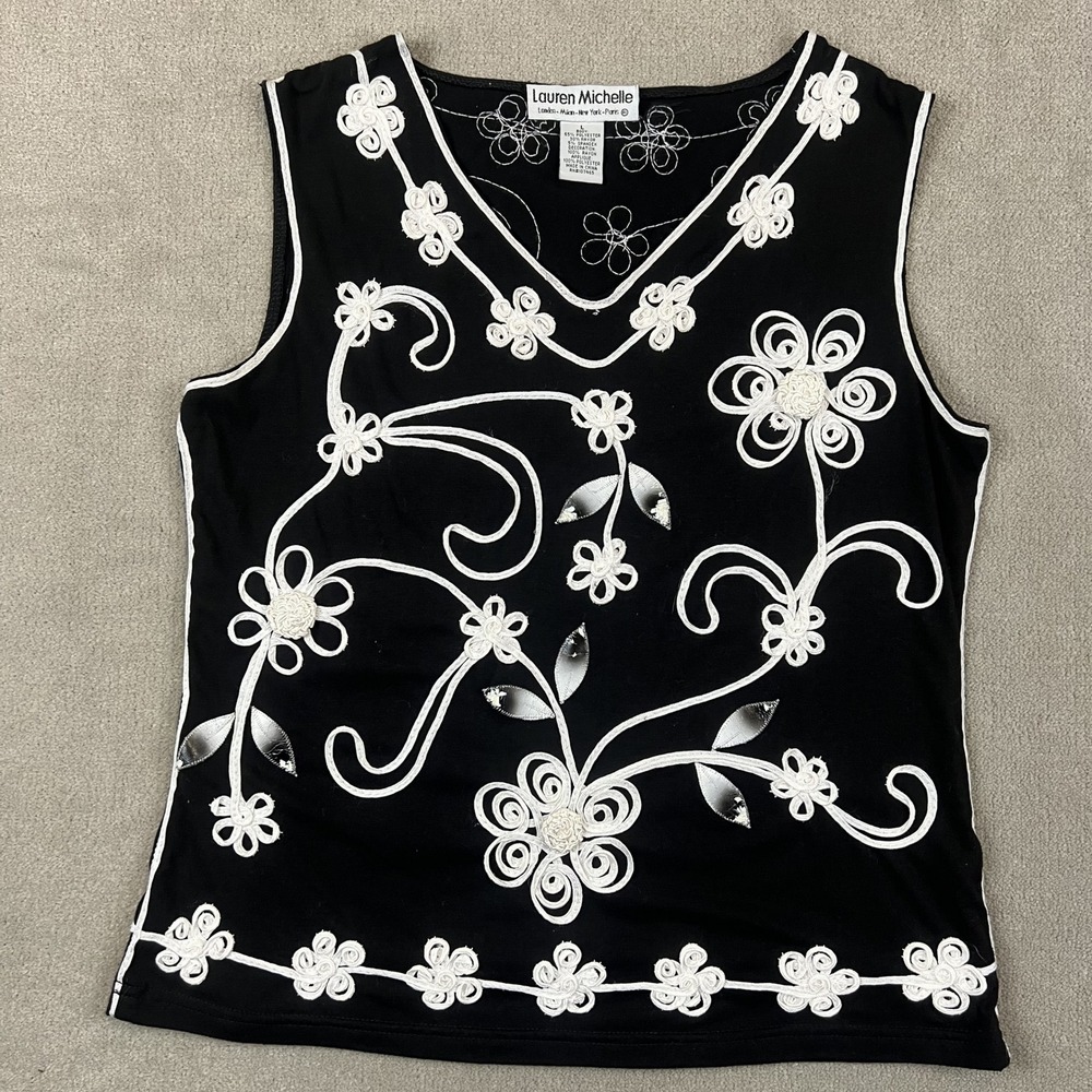 Lauren Michelle Floral Embroidered Tank Top Women Large Black Soutache V-Neck L